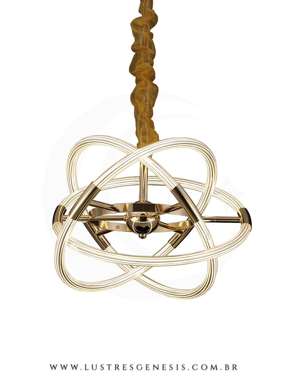 Lustre pendente de LED dourado Science Ø49cm, design moderno e elegante, ideal para sala de jantar ou estar, da marca Sindora Iluminação.
